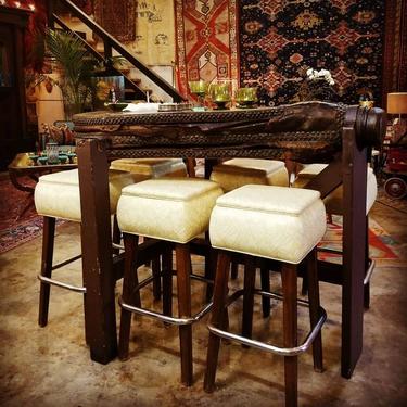 6 retro bar stools with antique bellows bar top table! $350 For all 6 chairs. $1,500 For the bellows bar table