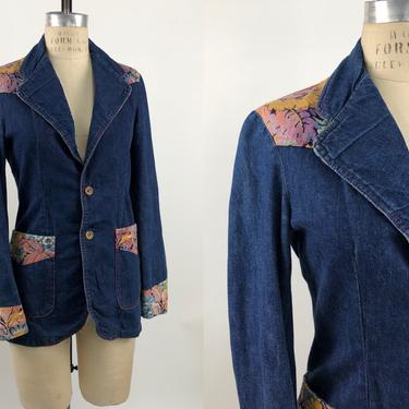 Vintage 1970s Landlubber Denim & Tapestry Blazer Jacket, Vintage Bohemian Hippie, Psychedelic Tapestry Design, Size X-Small by Mo