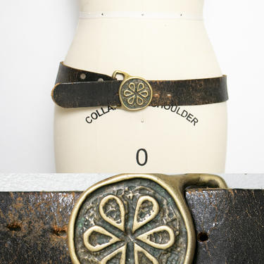 1970s Leather Belt Brown Brass Buckle Boho L 