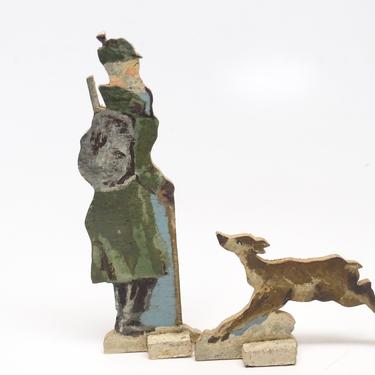 Antique German Hand Painted Wooden Deer & Mountain Man,  Vintage Stand Up Toy for Christmas Putz or Nativity Creche, 