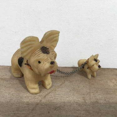 Vintage Miniature Celluloid? Terrier Dog With Chained Puppy, Made In Japan, Dollhouse Miniature, Dog Collector, Dog With Big Ears 