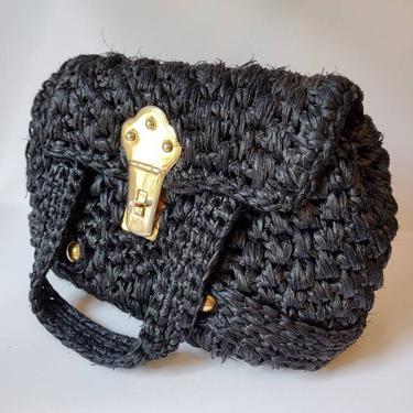 Vintage black raffia purse with gold hardware made in Italy, 1960's 