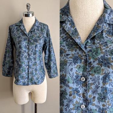 vintage 60's 3/4 sleeve floral button front blouse in blue size medium by BetaGoods