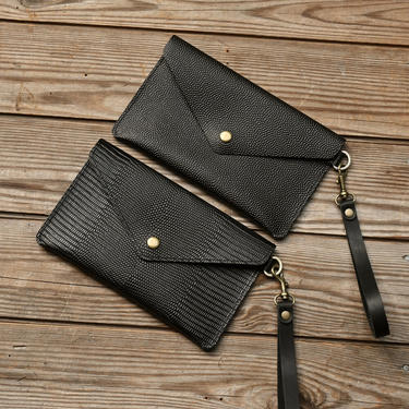 Leather Envelope Clutch, Black Embossed Leathers