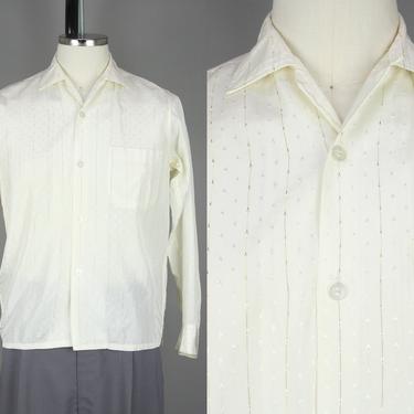 1950s White Shirt with Gold Pinstripes | Vintage 50s Button Up Shirt with Diamond Weave | Small 