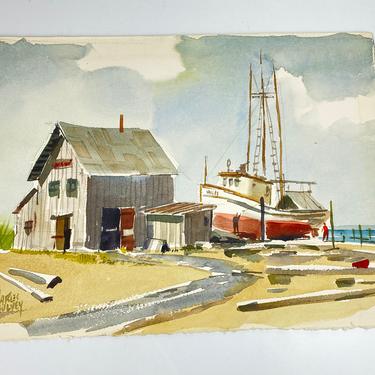 Charles Mulvey Original Watercolor Art Painting Fishing Boat Beach Scene Signed 