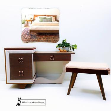 Mid Century Modern Vanity Bench Mirror Nightstand Set. MCM Desk Chair Mirror Bedside Table. Minimalist Furniture Set 