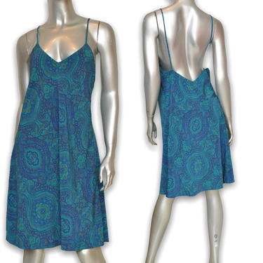 Vintage Green and Blue Paisley Print Silk Slip Dress Size m/l Lingerie Sexy Nightgown 