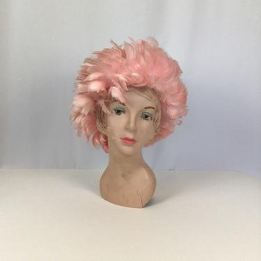 Vintage 60s hat | Vintage pink feather hat | 1960s full feathered millinery skull cap hat 
