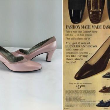 Fashion Made Easy - Vintage 1960s NOS Shell Pink Muted Pearl & Nubuck Leather Heels - 7.5/8AA 
