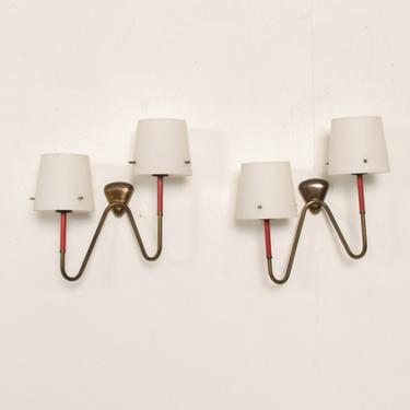 1950s ITALY Brass Wall Sconces Red Splash Jean Royere Gio Ponti Style -Set of 2 
