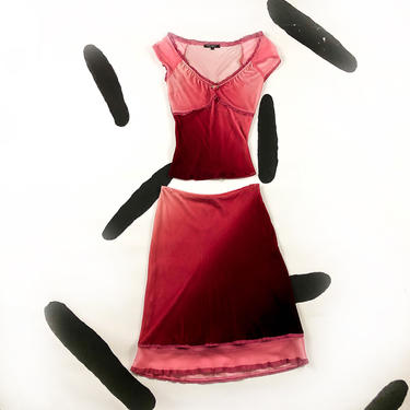 90 Betsey Johnson Pink Velvet Dip Dye Top and Skirt Set / Slip Skirt / Cap Sleeve / Deadstock / Mesh / Lace / Rosettes / Small / Grunge / 