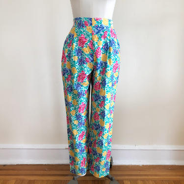 Bright Multicolored Floral Print Pants - 1980s 