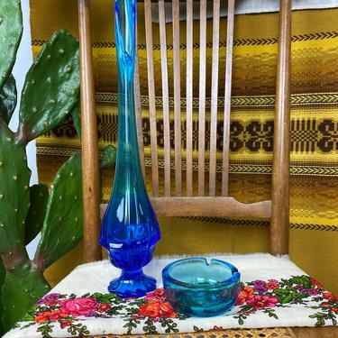 Vintage Mid Century 1960s Footed Swung Vase and Ashtray Set Aqua 