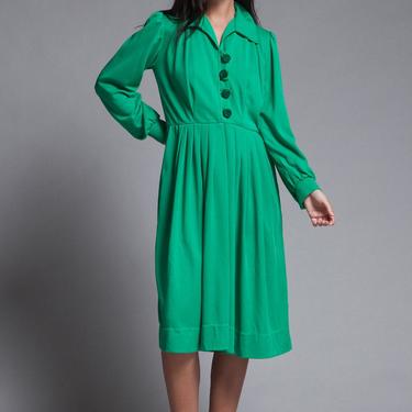 pleated shirtwaist dress green knit long sleeves big buttons vintage 70s LARGE L 