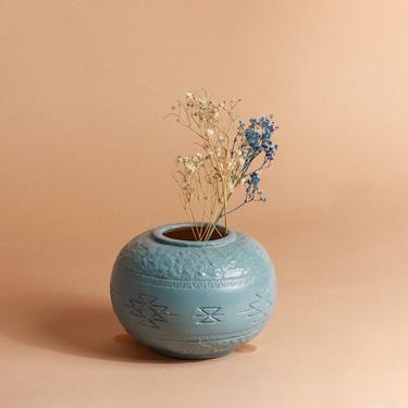 90s Muted Blue Aztec Round Clay Pot Vase 