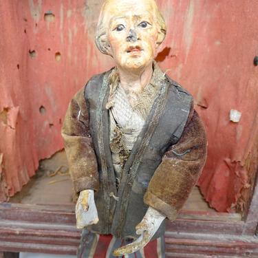 1800's Neapolitan Italian Creche Religious Doll with Glass Eyes, Antique Man in Original Clothes for Christmas Nativity or Putz 