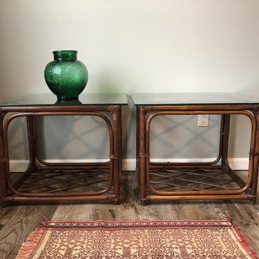 Vintage 1970s Set Bent Rattan with Glass End Tables or Nightstands 