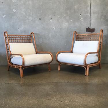Pair of CB2 Exclusive Ouen Rattan Chair with Teddy Cream Fabric