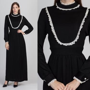 60s 70s Black & White Lace Trim Maxi Dress - Small | Vintage Boho Long Sleeve Lace Trim Gothic Hippie Gown 