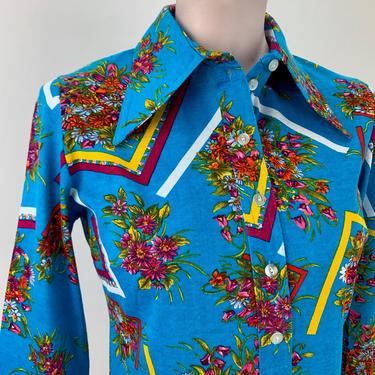 1960'S MOD Blouse - Electric Blue Floral - Cotton Jersey Knit  - Made in Finland - Size Medium / NOS / Dead-Stock 