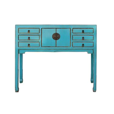 Chinese Oriental Rustic Blue Lacquer Drawers Slim Side Table cs5407S