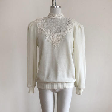 Ivory Sweater with Lace Yoke and High Collar - 1980s 