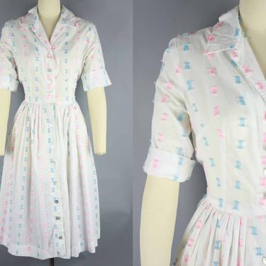 1950s SHIRTWAIST Dress | Vintage 50s White Cotton Day Dress with Pink &amp; Blue Ribbon Tufts | medium 