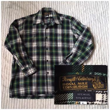 vintage '70s plaid tartan button down - wide collar 1970s shirt / Scottish tartan shirt - wool plaid shirt / 1970s navy &amp; green plaid shirt 