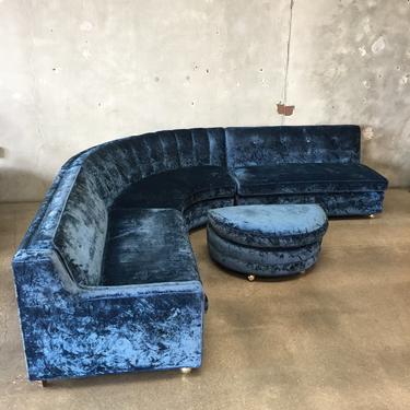 Blue Velvet Vintage Sectional Sofa &amp; Ottoman