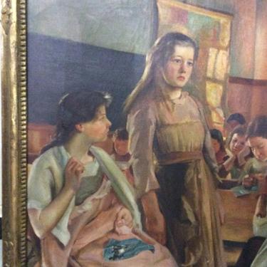 Antique oil painting, girls' sewing class, illustrator art , Carrig Rohane frame 