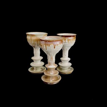 Vintage Mid Century Modern 1960s / 1970s Studio Pottery Set of 3 Goblets Chalices w/ 3 Tiered Bases &amp; Drip Glaze Mystery Artist Signed 