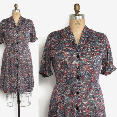 Vintage 50s Rayon Jersey DRESS / 1950s Abstract Print Shirtwaist Day Dress L 