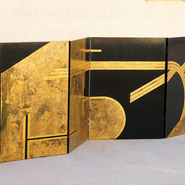 Antique Art Deco Gold Leaf and Black Lacquer Folding Screen, 1930s