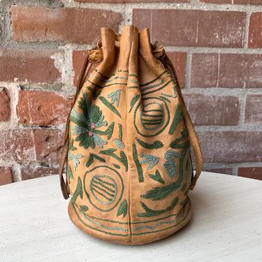 1920s Leather Crewel Drawstring Bag