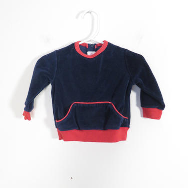 Vintage 60s/70s Baby Navy Blue With Red Accents Velour Top With Kangaroo Pocket Size 3-6M 