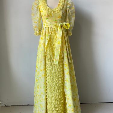 1970s Dress Chiffon Floral Maxi Gown XS 
