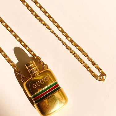 Vintage 90's GUCCI Monogram Enamel Brown Gold Perfume Parfum Bottle Gold Charm Pendant Necklace Jewelry 