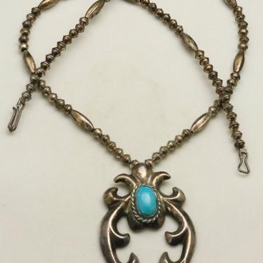 Vintage Navajo Sterling Silver Turquoise Sand Cast Pendant Bench Bead Necklace 