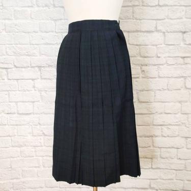 Vintage 70s Blackwatch Plaid Wool Skirt // Pleated High Waist Green and Blue 
