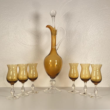 Vintage Amber Glass Decanter and 6 Glass Port / Wine Set - Made in Italy 