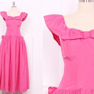 Vintage 1940's Schaiparelli Pink Prom Dress Set • 50's Hot Pink Taffeta Bustle Evening Dress • Size XXS 