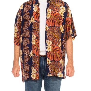 1980S Blue  Brown Silk Retro 40S Tropical Printed Men's Shirt 
