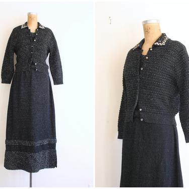 vintage '40s knit dress &amp; cardigan sweater - 1940s black embellished sweater. metallic lurex / 2 piece set, dress and cardigan / 40s dress 