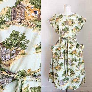 Vintage 1950s House Novelty Print Swirl Wrap Dress / L 