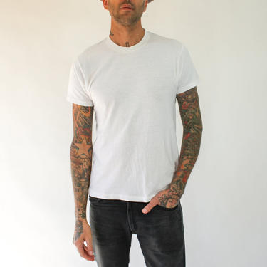Vintage 70s 80s Blank White Paper Thin Tee Shirt | Destroyed, Super Soft, Single Stitch | 1970s 1980s Retro Sleeve Thread Bare Blank T-Shirt 
