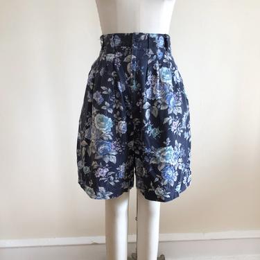 Navy and Light Blue Floral Print Twill Shorts - 1980s 
