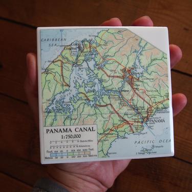 1971 Panama Canal Vintage Map Coaster - Ceramic Tile - Repurposed 1970s Times Atlas - Handmade - Central America - Ship Travel Trade 