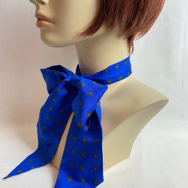 Vintage 100% silk women’s neck tie/ pussycat bow accessory~ long thin versatile scarves~ Bright blue micro dot print 