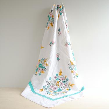 Vintage Linen Tablecloth 47&quot; x 50&quot;, White with a Floral Pattern in Turquoise, Pink, Yellow, and Black 